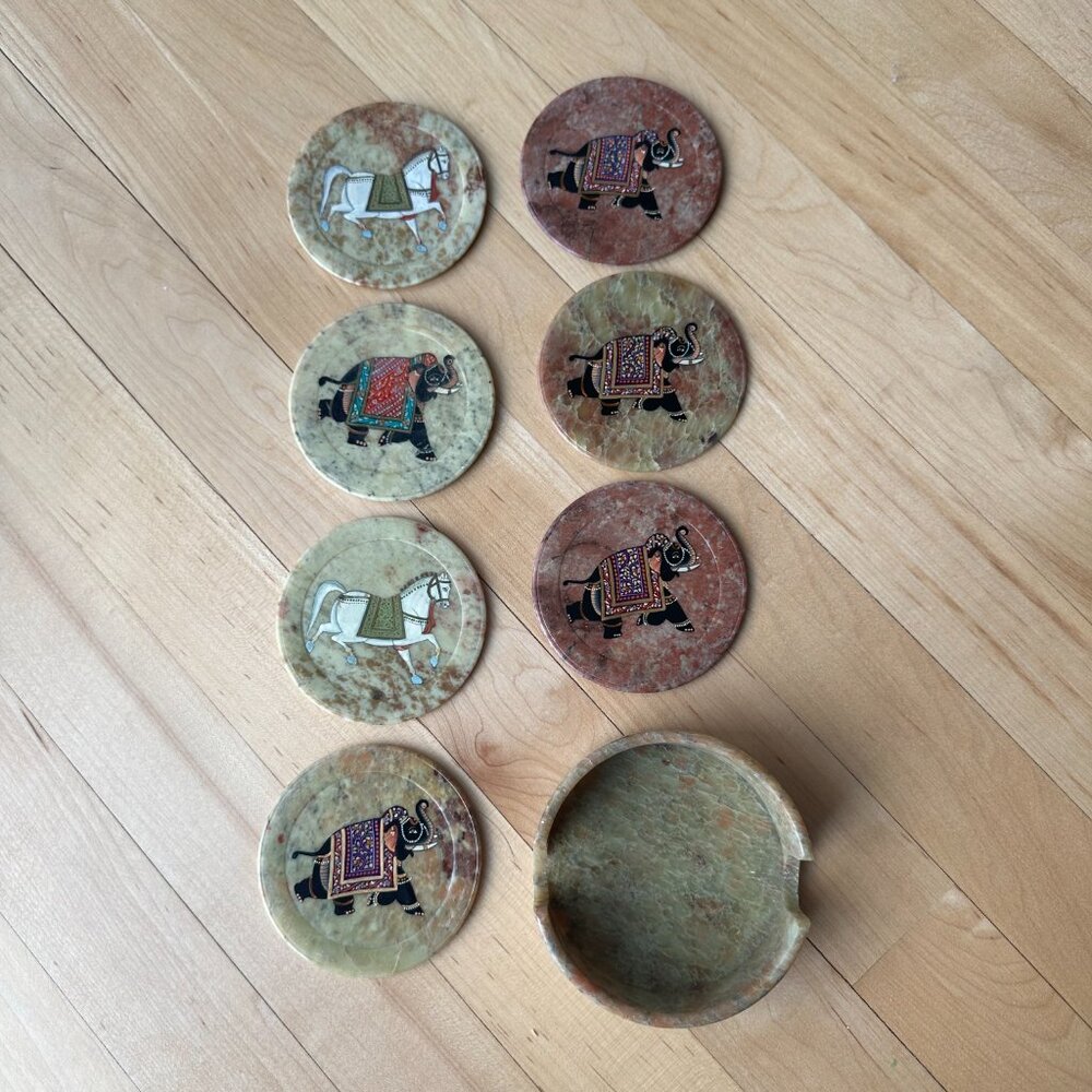 Set of 7 Soapstone Hand Painted Elephant and Horse Coasters - Made in India